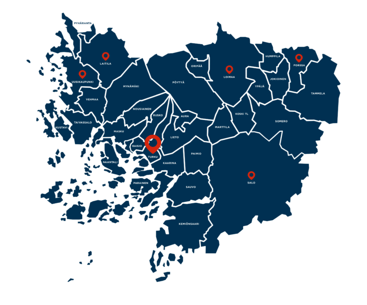 Karttaan on merkitty yhdistuksen toiminta-alue, joka kattaa Lounais-Suomen.